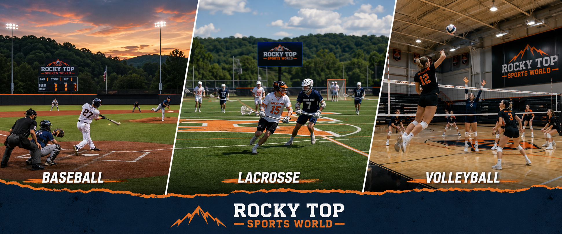 Rocky Top Sports World baseball, lacrosse, and volleyball collage